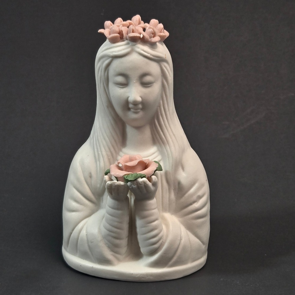 Vintage White Bisque Porcelain Madonna Figurine Pink Applied Roses 5.5 Inch